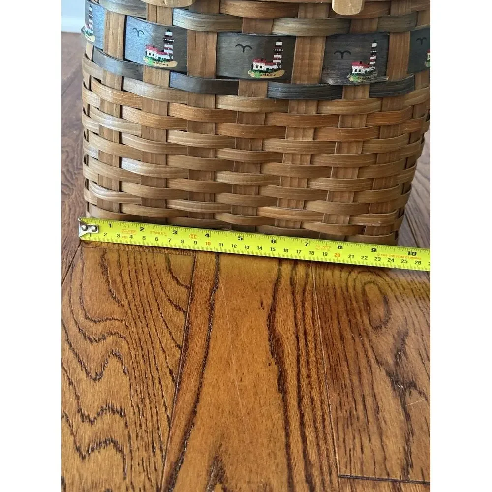 VTG Farmhouse Woven Splint Wood Basket Painted Lighthouses Nautical Coastal